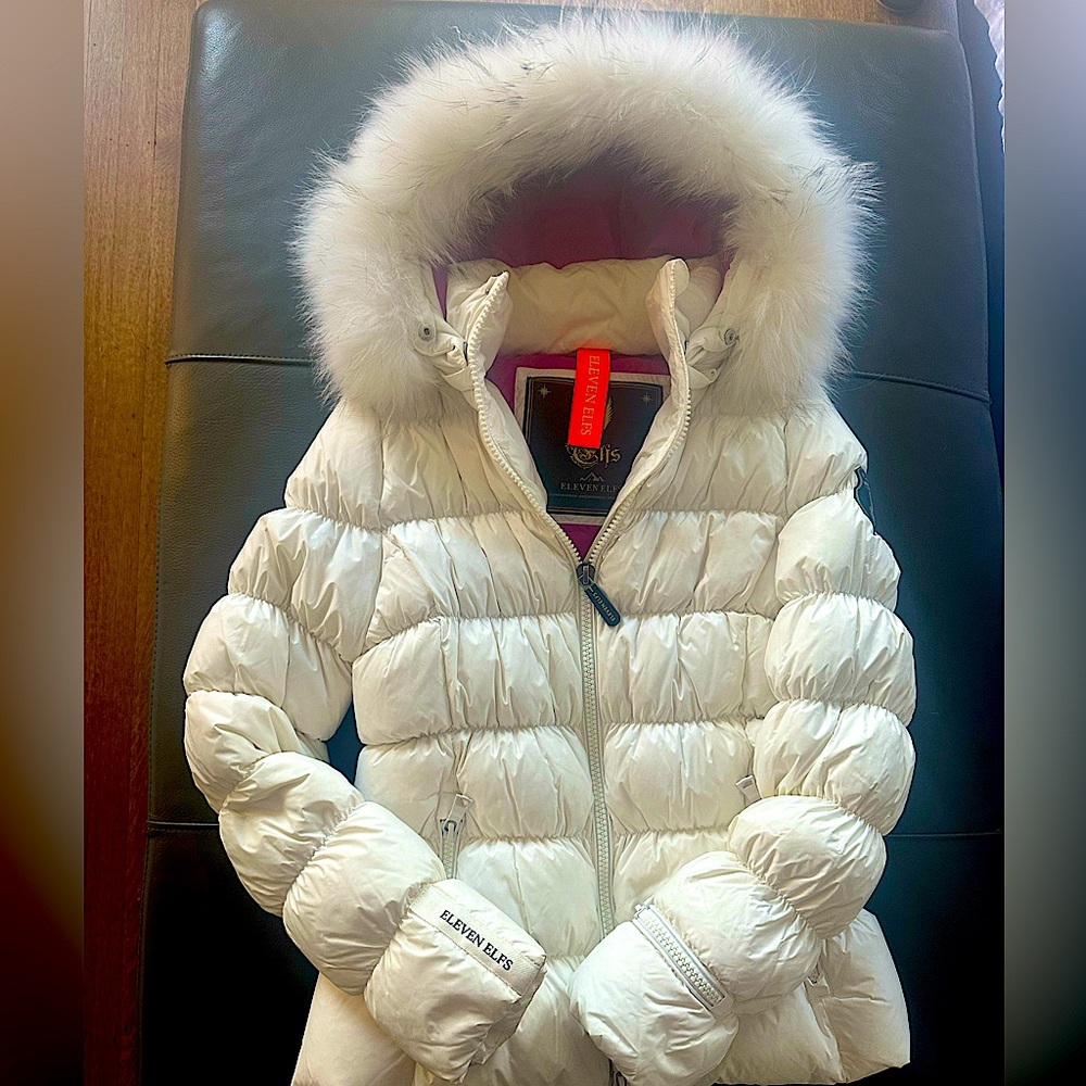 Eleven Elfs White Coat with fur hood trim and pink interior